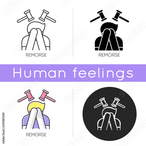 Remorse icon. Man with regret. Person cover face in shame. Crisis and loneliness. Mental health. Patient in distress. Feeling guilty. Linear black and RGB color styles. Isolated vector illustrations