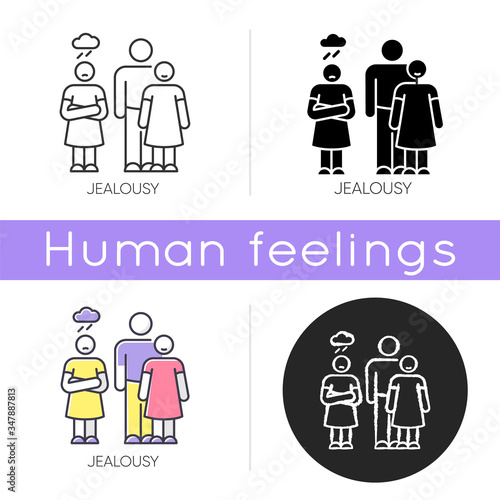 Jealousy icon. betrayal in romantic relationship. Conflict between man and woman. Feeling envious. Boyfriend cheat on girlfriend. Linear black and RGB color styles. Isolated vector illustrations