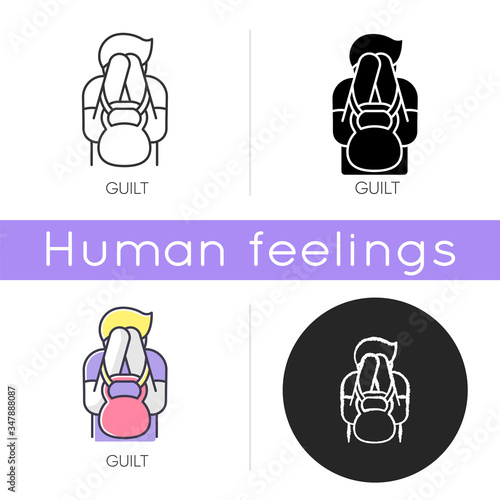 Guilt icon. Man feeling ashamed. Mental health issue. Heavy weight of self blame. Psychological help. Obsessive compulsive disorder. Linear black and RGB color styles. Isolated vector illustrations