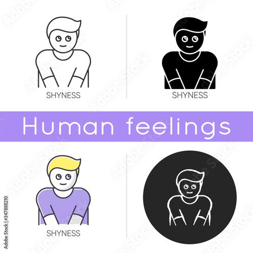 Shyness icon. Person feeling awkward. Man embarrassed. Social anxiety. Low self esteem. Emotional abuse symptom. Worry and doubt. Linear black and RGB color styles. Isolated vector illustrations
