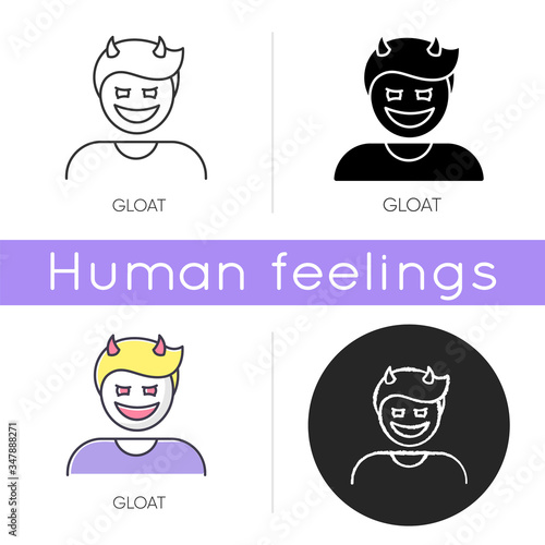Gloat icon. Evil smile. Bad attitude. Vicious smirk. Scary person. Devil facial expression. Destructive behaviour. Antisocial disorder. Linear black and RGB color styles. Isolated vector illustrations