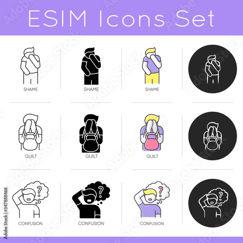 Human feeling icons set. Person ashamed and embarrassed. Heavy weight of guilt. Confused thoughts. Psychological problem. Linear, black and RGB color styles. Isolated vector illustrations