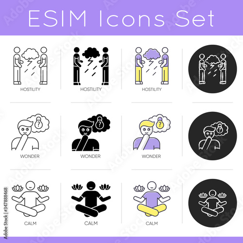 Emotion icons set. Aggressive behaviour. Dispute with offended man. Sense of wonder. Man sit in lotus pose. Meditation for relax. Linear, black and RGB color styles. Isolated vector illustrations