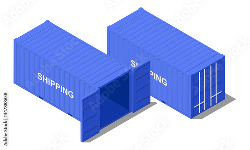 Isometric opened and closed blue shipping containers flat vector illustration isolated on white background.