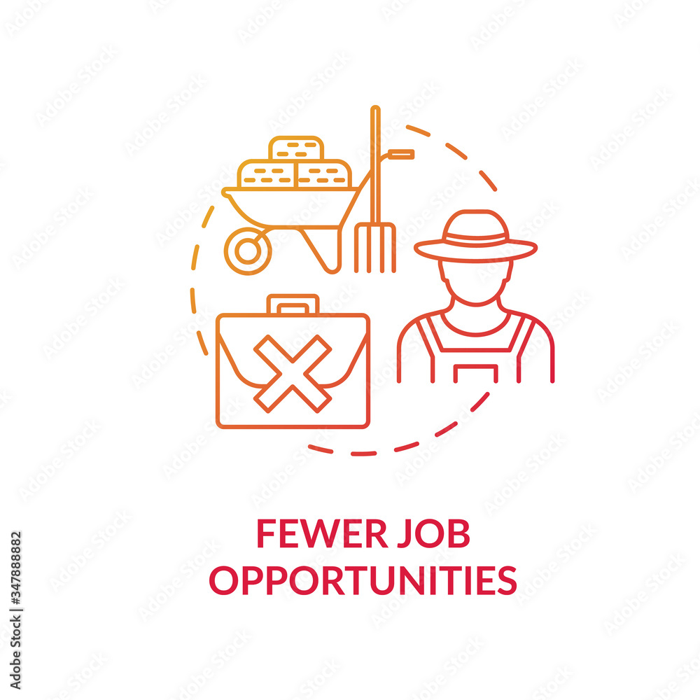 Fewer job opportunities red concept icon. Unemployment in village. Farmer work problem. Jobless man. Country living idea thin line illustration. Vector isolated outline RGB color drawing Fewer job opportunities red concept icon. Unemployment in village. Farmer work problem. Jobless man. Country living idea thin line illustration. Vector isolated outline RGB color drawing
