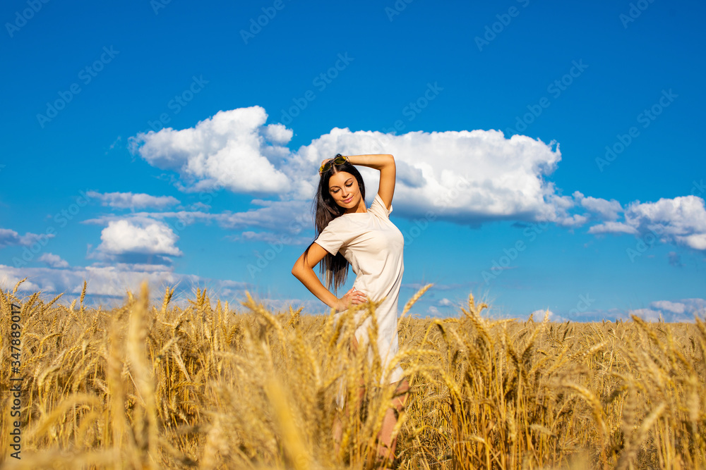 Portrait of a young brunette woman on a background of golden wheat field, summer outdoors Portrait of a young brunette woman on a background of golden wheat field, summer outdoors