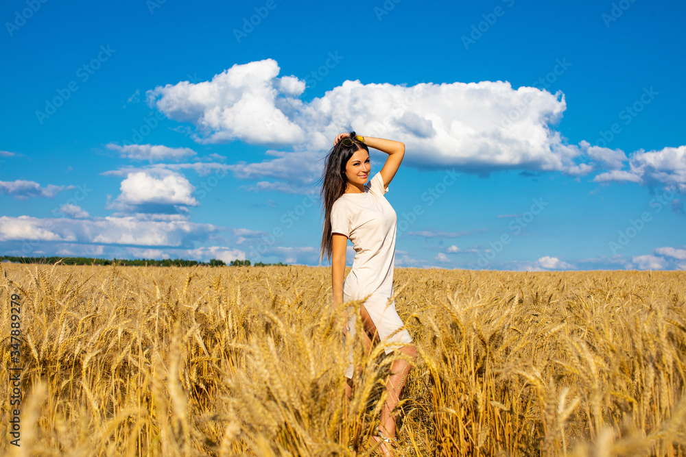 Portrait of a young brunette woman on a background of golden wheat field, summer outdoors Portrait of a young brunette woman on a background of golden wheat field, summer outdoors