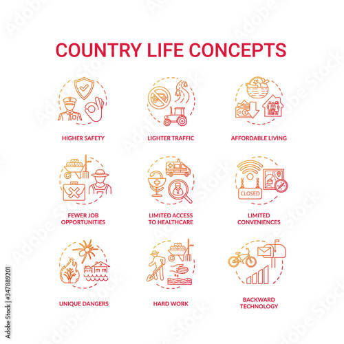 Country life red concept icons set. Advantage and disadvantage of farming. Work outside city. Village living idea thin line RGB color illustrations. Vector isolated outline drawings