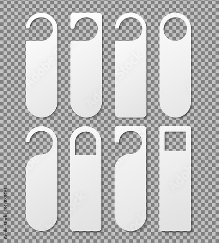 Mockup door hanger on isolated background. Paper hang tag for knob of hotel. Blank cardboard for hang on lock of motel. Quiet concept. Open or closed icon for entrance in house. vector illustration.