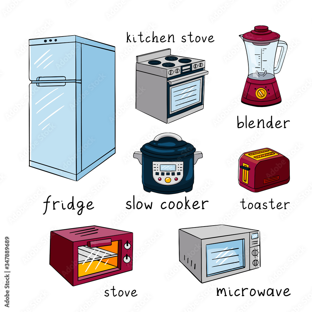 Hand drawn colorful cute cartoon vector illustration. Set of kitchen  objects and appliances as: fridge, kitchen stove, blendeer, slow cooker,  toaster, microwave, stove. Stock Vector | Adobe Stock
