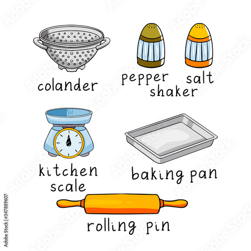 Hand drawn colorful cute cartoon vector illustration. Set of kitchen objects and tools as: colander, pepper and salt shaker, kitchen scale, baking pan, rolling pin.