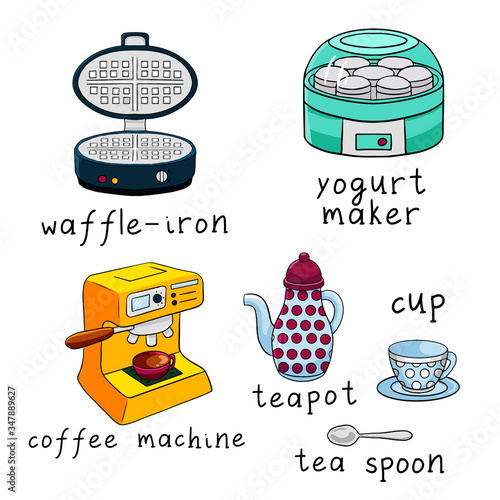Hand drawn colorful cute cartoon vector illustration. Set of kitchen objects and tools as: waffle iron, yogurt maker, coffee machine, teapot, teaspoon, cup .