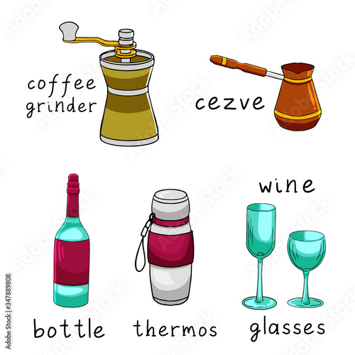 Hand drawn colorful cute cartoon vector illustration. Set of kitchen objects and tools as: coffee grinder, cezve, bootle, thermos, wine glasses.