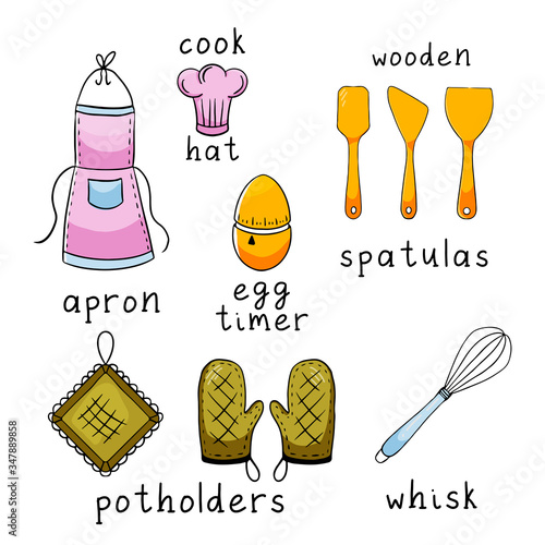 Hand drawn  colorful cute cartoon vector illustration. Set of kitchen objects and tools as: apron, cook hat, wooden spatula, egg timer, potholders, whisk .