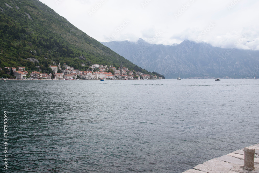 View from the island of Our Lady of the Rock, of the bay of Kotor in the Adriatic, Montenegro, Europe.