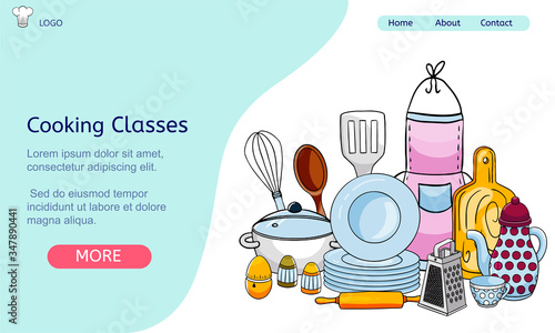 Vector banner on the theme of food and cuisine for cooking courses or classes. Template for a web site with an illustration of kitchen utensils and tableware.