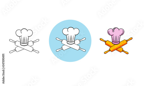 Set of vector logo illustrations for cafe, bakery, cooking courses and classes. Emblem with isolated objects rolling pin and cook hat in linear and color style for design.