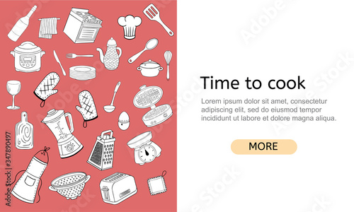 Vector banner on the theme of food and cuisine for cooking courses or classes. Template for a web site with an illustration of kitchen utensils and tableware.
