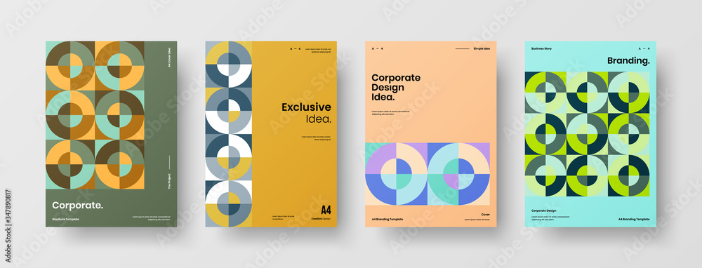 Company identity brochure template collection. Business presentation vector A4 vertical orientation front page mock up set. Corporate report cover abstract geometric illustration design layout bundle.