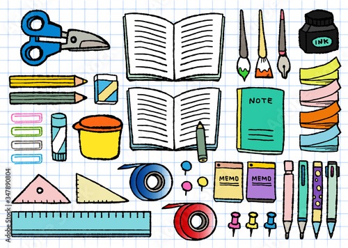 可愛い文房具。仕事や勉強で使用する定番のステーショナリーです。手描き風、落書き風。優しい雰囲気です。
