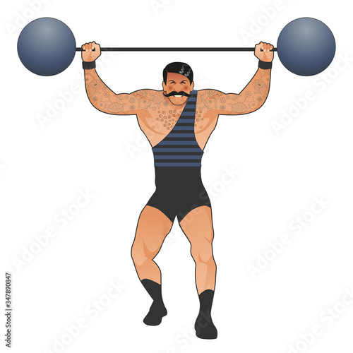 Tattooed and mustachioed strongman dressed in the old way, lifting weights, isolated on white background