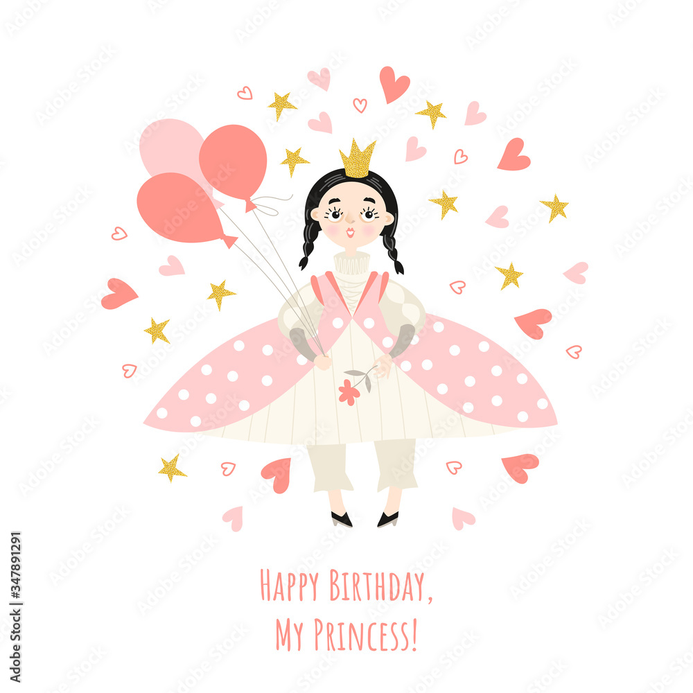 Girl's birthday card with a cute princess holding balloons Girl's birthday card with a cute princess holding balloons