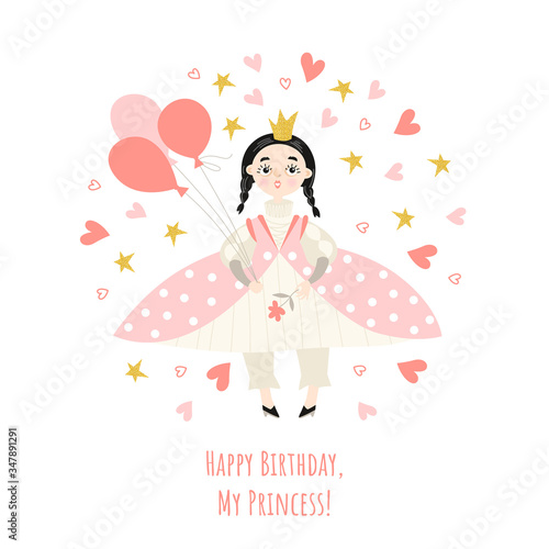 Dekoracja na wymiar  girl-s-birthday-card-with-a-cute-princess-holding-balloons