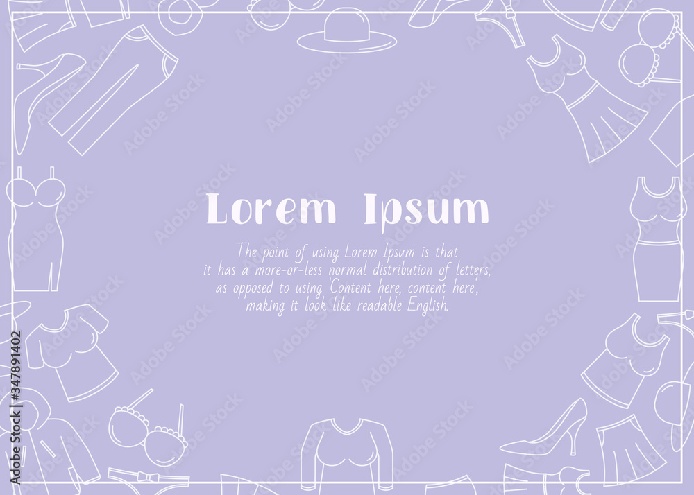 Naklejka premium Fashion - horizontal card with text and vector outline illustrations of women's clothing for graphic design