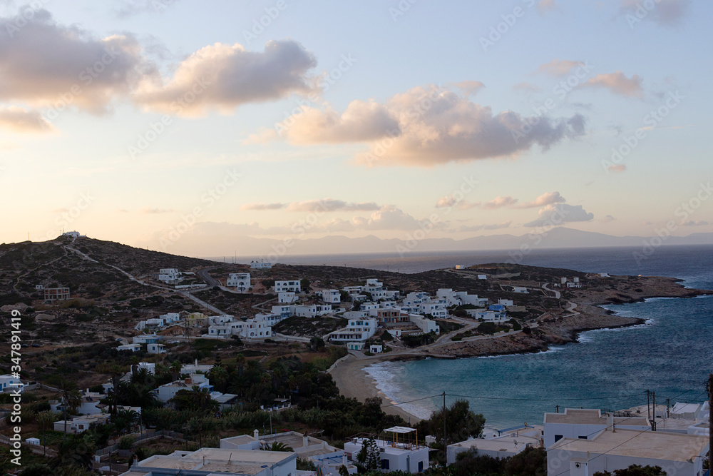 Donousa island at dawn, beautiful view on the Stavros bay.  Small Cyclades, South Aegean, Greece
