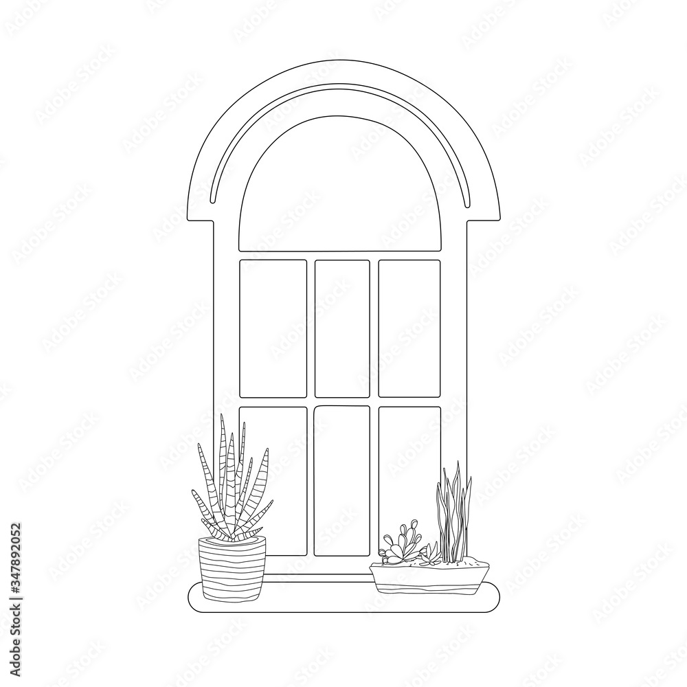 Two potted cacti on the window black and white icon Two potted cacti on the window black and white icon