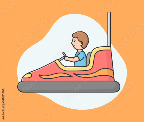 Attractions Park Concept. Happy Cheerful Boy Ride Racing Car In Entertainment Park. Kid Spending Time At Amusement Park, Riding Attractions. Cartoon Linear Outline Flat Style. Vector Illustration