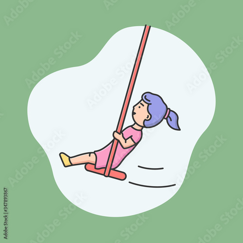 Attractions Park Concept. Happy Girl Swinging In Entertainment Park Or Playground. Kid Is Enjoying And Spending Time At Amusement Park, Riding Swing. Cartoon Linear Outline Flat Vector Illustration