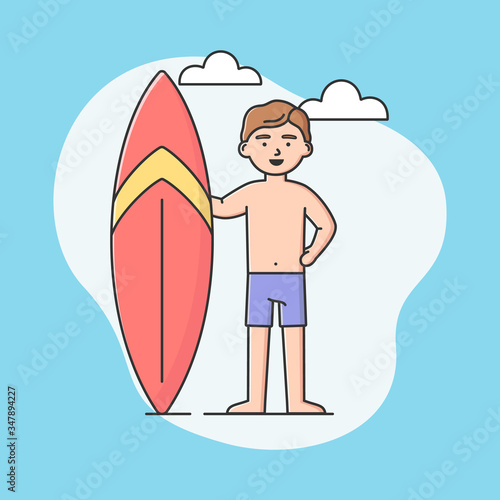 Concept Of Extreme Water Sports Courses. Cool Surfer Is Stadning In Swimming Trunks And Holding Big Surfboard. Recreational Beach Water Sport. Cartoon Linear Outline Flat Style. Vector Illustration