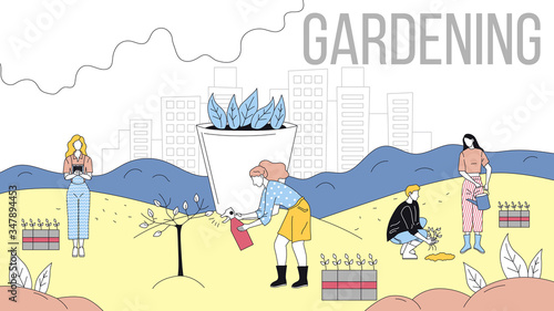 Gardening Concept. Men And Women Are Gardening, Planting And Watering Plants. Male And Female Characters Are Working Outdoor in Garden Take Care Of Plants Together. Cartoon Flat Vector Illustration