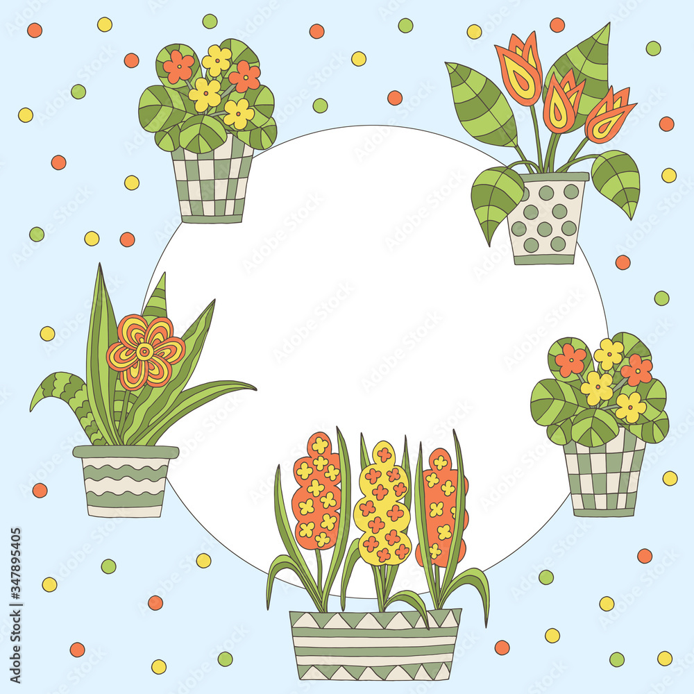 Frame with hand-drawn potted indoor flowers Frame with hand-drawn potted indoor flowers
