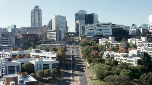 Aerial view of the Sandton skyline and the empty streets as a result of the covid-19 Coronavirus lockdown in Johannesburg, South Africa. 