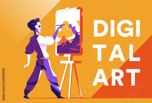 L'artista pittura un quadro sul dispositivo digitale