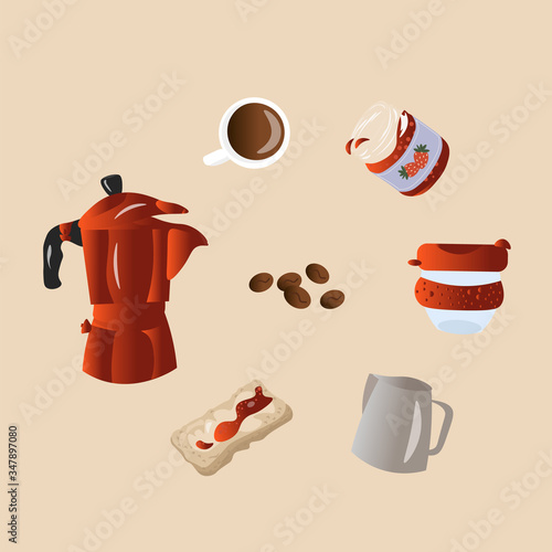 Set of trending vector elements with gradient for coffee shop and cafe menu. Geyser coffee maker and toast with jam. Coffee break.