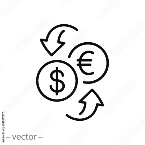 currency exchange icon vector, sign money dollar with euro, thin line symbol on white background