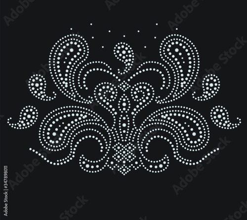 Rhinestone applique ornament design for t-shirt or blouse hot-fix transfer. Abstract beautiful glitter applique rhinestone motif. paisley rhinestud.