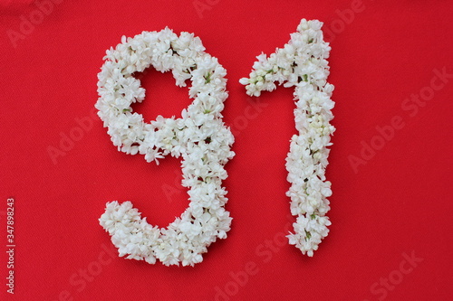 Obraz na płótnie The number 91 is written in white lilac flowers on a red background. The number ninety one is written in fresh flowers, isolated on red. Arabic numeral lined with flowers. w salonie