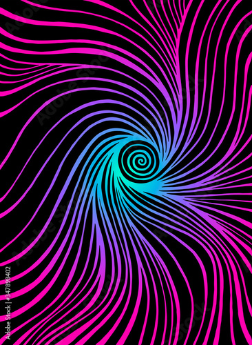 Colorful twisted doodle line art patterns, noen gradient blue violet pink color outline, isolated on black background.