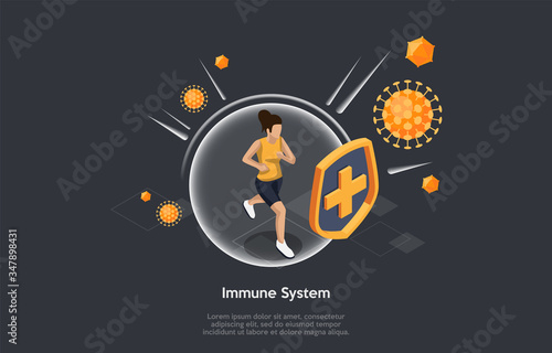 Isometric 3D Concept Of Immunity Protection And Weak Immune System Prevention. Diet Supplements, Vitamins With Sheild Of Viruses Around. Medical Prevention Human Germ. Cartoon Vector Illustration