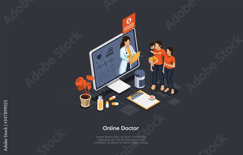 Isometric Concept Of Health Care, Online Doctor And Medical Consultation. Family At Online Doctor s Appointment. Online Medical Support With Woman Doctor On The Screen. Cartoon Vector Illustration