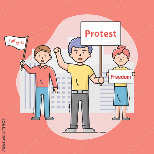 Mass Protest Action. Dissatisfied People Complaining And Taking Part In Strike, Holding Protest Banners. Characters Defends Their Rights And Freedom. Cartoon Linear Outline Flat Vector Illustration