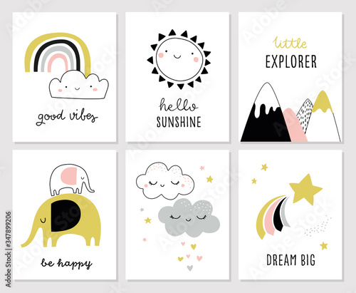 Cute baby cards or nursery posters with animals, icons and quotes. Rainbow, elephant, sun, clouds, Hand drawn vector illustration for prints, cards, apparel.