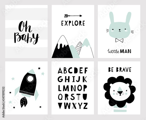 Nursery posters for baby room, cute animals, alphabet and quotes in scandinavian style. Hand drawn vector illustration for prints, cards, apparel.