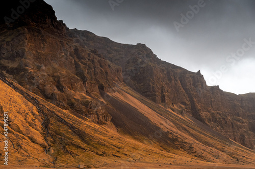 Mountain in south Iceland in golden light after a winter storm