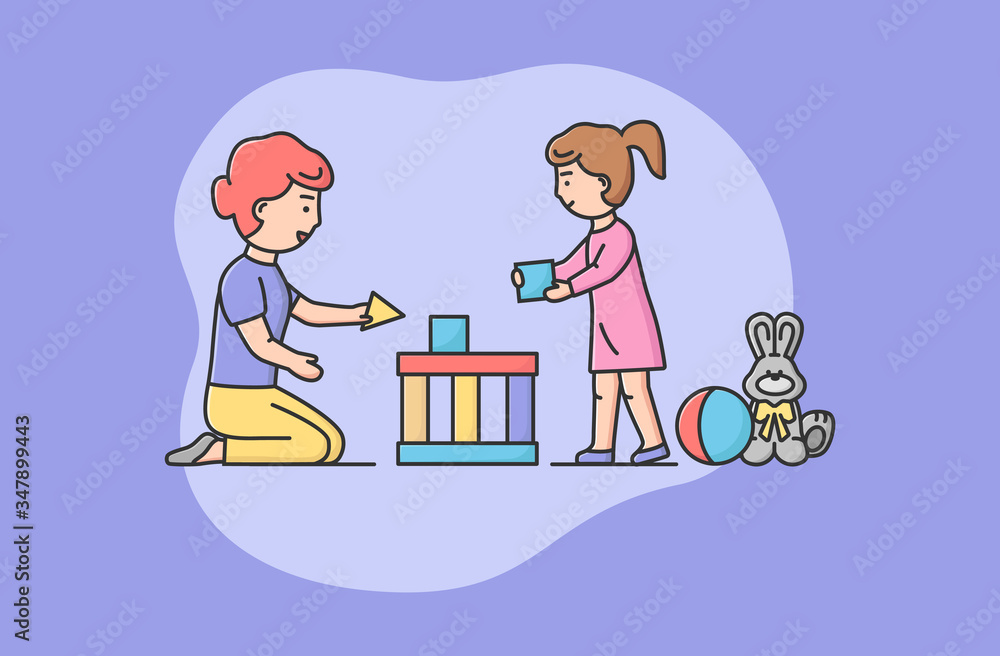 Concept Of Family Spending Time. Happy Mother And Daughter Playing Blocks Together. Mom Helps Daughter To Build Big Beautiful Castle Or House. Cartoon Linear Outline Flat Style. Vector Illustration Concept Of Family Spending Time. Happy Mother And Daughter Playing Blocks Together. Mom Helps Daughter To Build Big Beautiful Castle Or House. Cartoon Linear Outline Flat Style. Vector Illustration