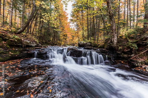 small waterfall in the forest during an autumn hike